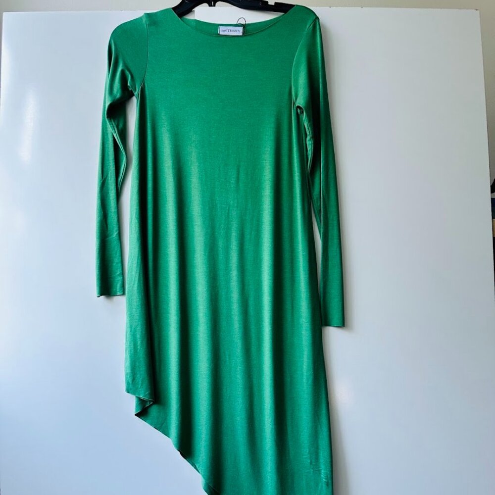 Tessita Asymemetric Mini Dress With Long Sleeve in Green Sz Small Bodycon